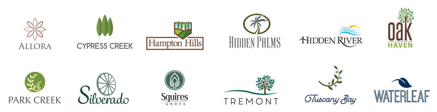 Community Logos: Allora, Cypress Creek, Hampton Hills, Hidden Palms, Hidden River, Oak Haven, Park Creek, Silverado, Squires Grove, Tremont, Tuscany Bay, Waterleaf